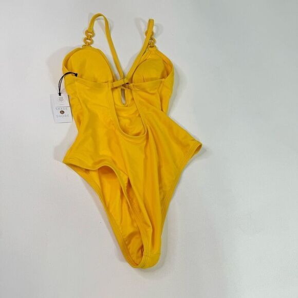 Shade & Shore Swim Women Small Yellow Plunge Hardware Trim Cheeky One Piece NWT - Picture 8 of 10